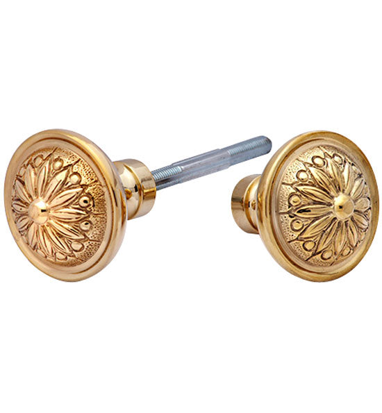 ##Antique Hardware## Solid Brass Round Sunflower Imprint Spare Door Knob Set