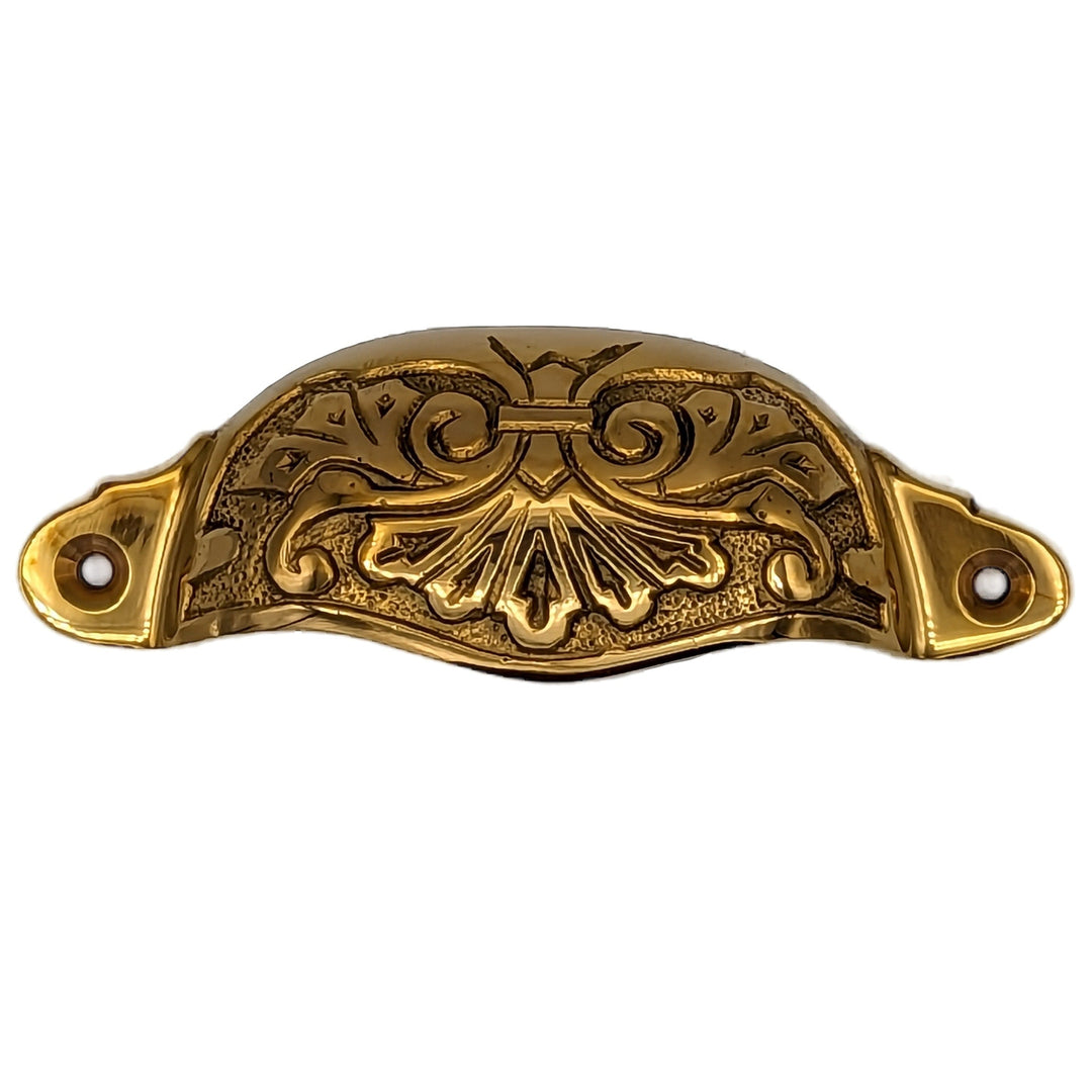 ##Antique Hardware## 4 3/8 Inch Overall (3 3/4 Inch c-c) Solid Brass Ornate Victorian Scroll Cup or Bin Pull