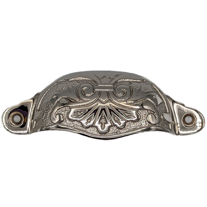 ##Antique Hardware## 4 3/8 Inch Overall (3 3/4 Inch c-c) Solid Brass Ornate Victorian Scroll Cup or Bin Pull