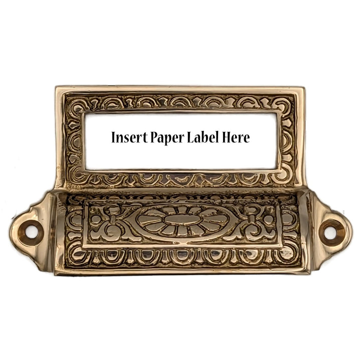 ##Antique Hardware## 4 1/8 Inch Overall (3 1/2 Inch c-c) Solid Brass Victorian Label Style Bin Pull