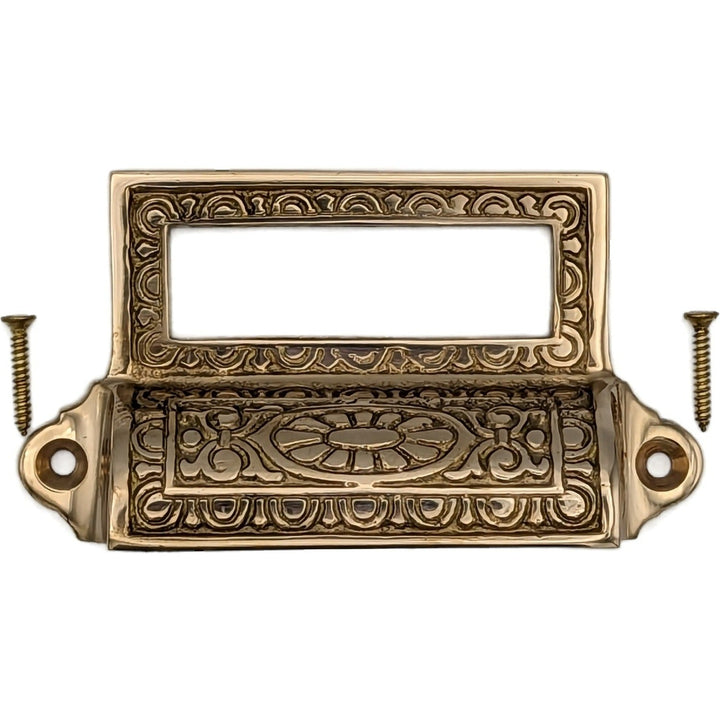 ##Antique Hardware## 4 1/8 Inch Overall (3 1/2 Inch c-c) Solid Brass Victorian Label Style Bin Pull