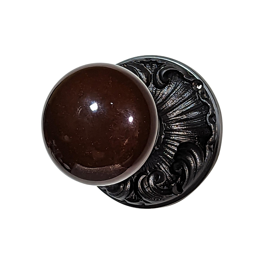 ##Antique Hardware## Brown Porcelain Door Knob Set with Romanesque Rosette