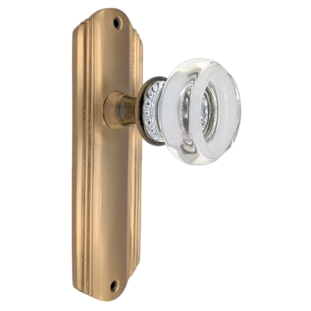 Art Deco Long Backplate Door Set with Round Crystal Door Knobs (Several Finishes Available)