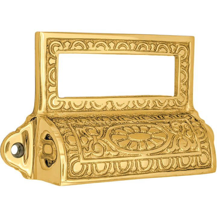 4 1/8 Inch Overall (3 1/2 Inch C-C) Solid Brass Victorian Label Style Bin Pull (Several Finishes Available)