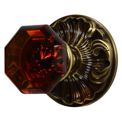 ##Antique Hardware## Romanesque Rosette Door Set with Octagon Amber Glass Door Knobs (Several Finishes Available)