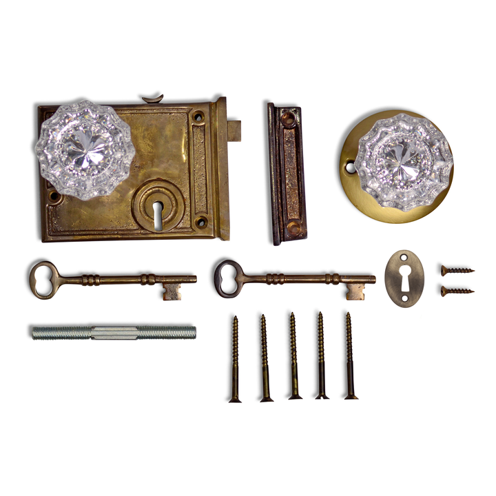 ##Antique Hardware## Rim Lock Set with Regency Fluted Glass Knob and Regular Rosette (Antique Brass Finish)