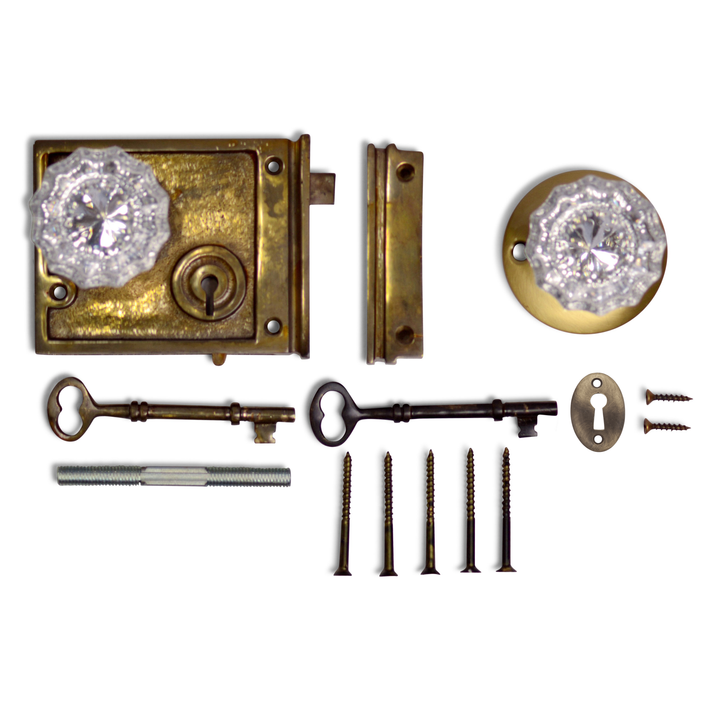 ##Antique Hardware## Double Locking Rim Lock Set with Regency Fluted Glass Knob and Regular Rosette (Antique Brass Finish)