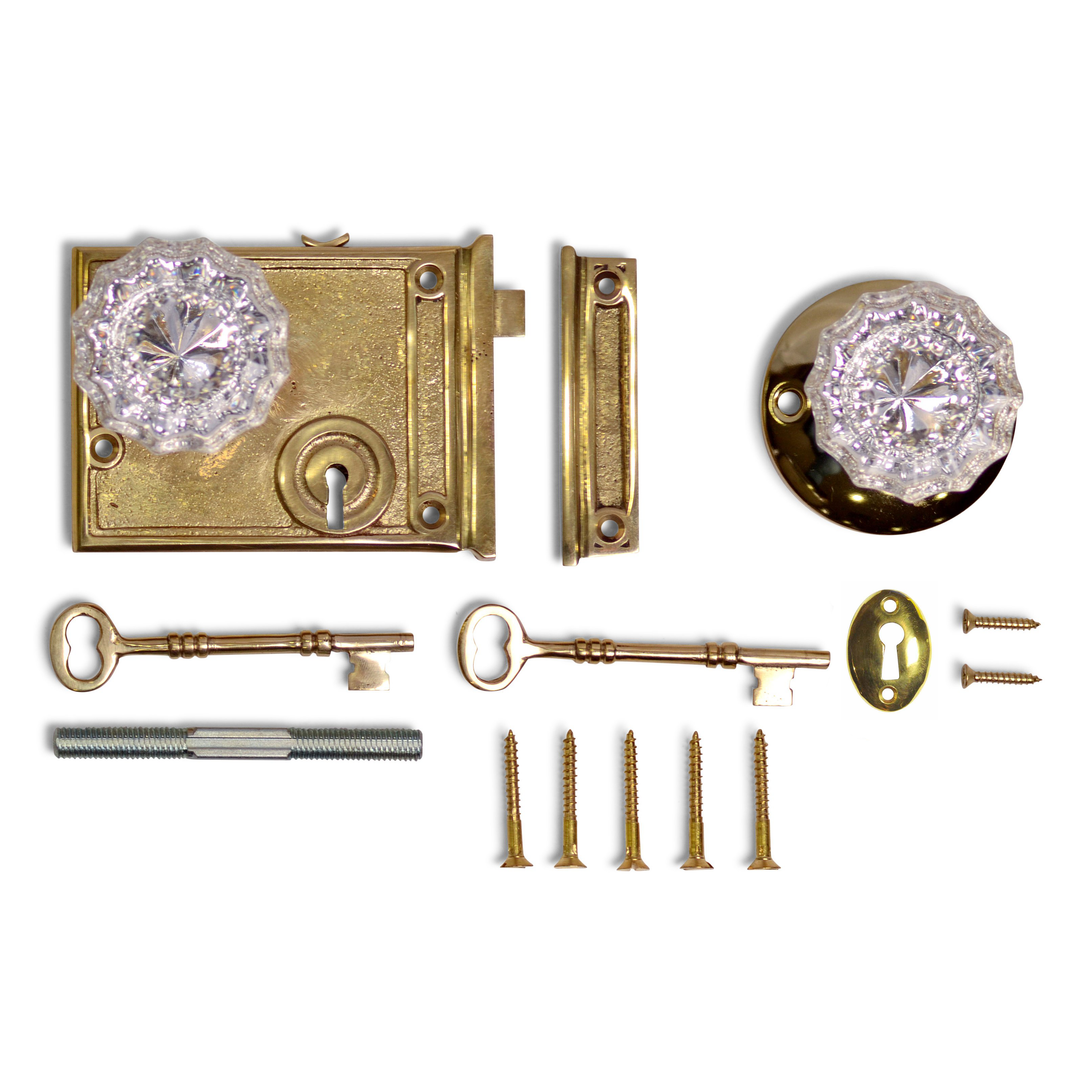 ##Antique Hardware## Rim Lock Set with Regency Fluted Glass Knob and Regular Rosette (Polished Brass Finish)