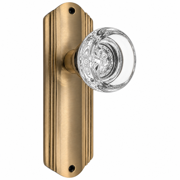 Art Deco Long Backplate Door Set with Round Crystal Door Knobs (Several Finishes Available)
