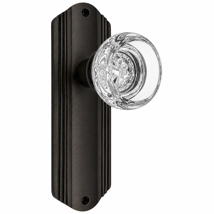 Art Deco Long Backplate Door Set with Round Crystal Door Knobs (Several Finishes Available)