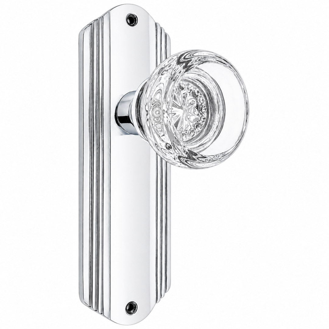 Art Deco Long Backplate Door Set with Round Crystal Door Knobs (Several Finishes Available)