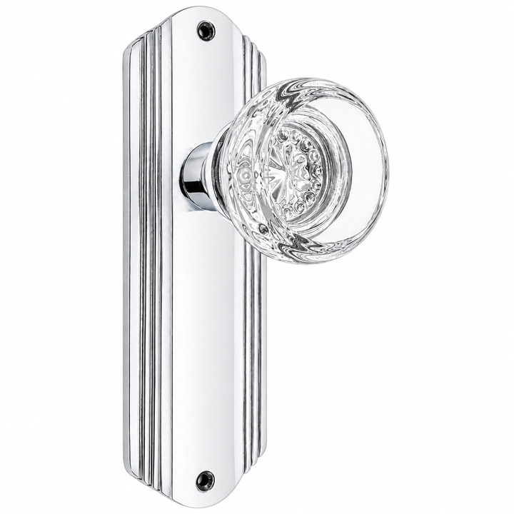 Art Deco Long Backplate Door Set with Round Crystal Door Knobs (Several Finishes Available)