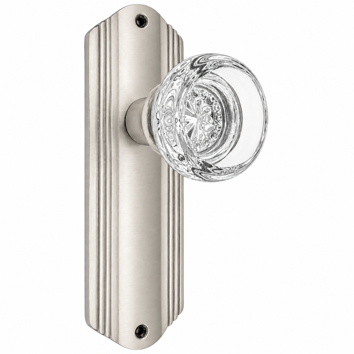 Art Deco Long Backplate Door Set with Round Crystal Door Knobs (Several Finishes Available)