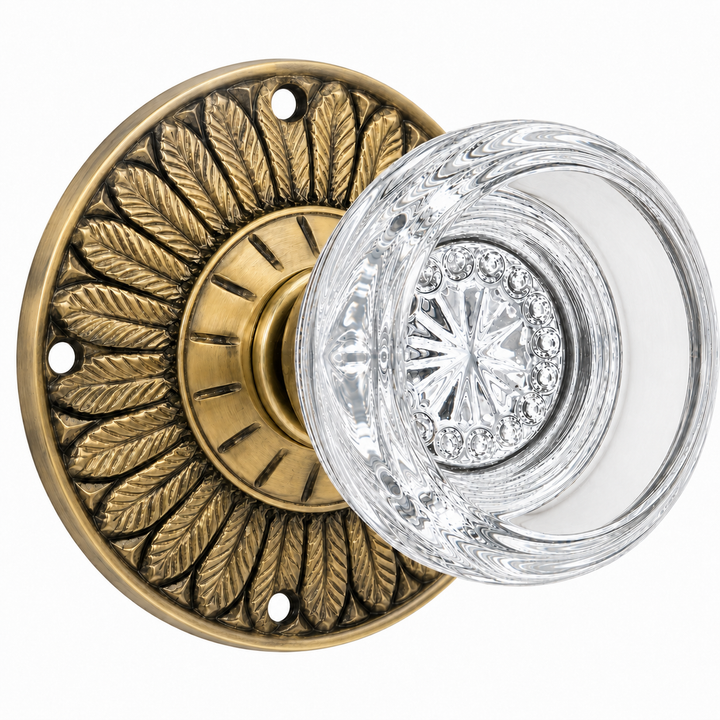 Feather Rosette Door Set with Round Crystal Door Knobs (Several Finishes Available)