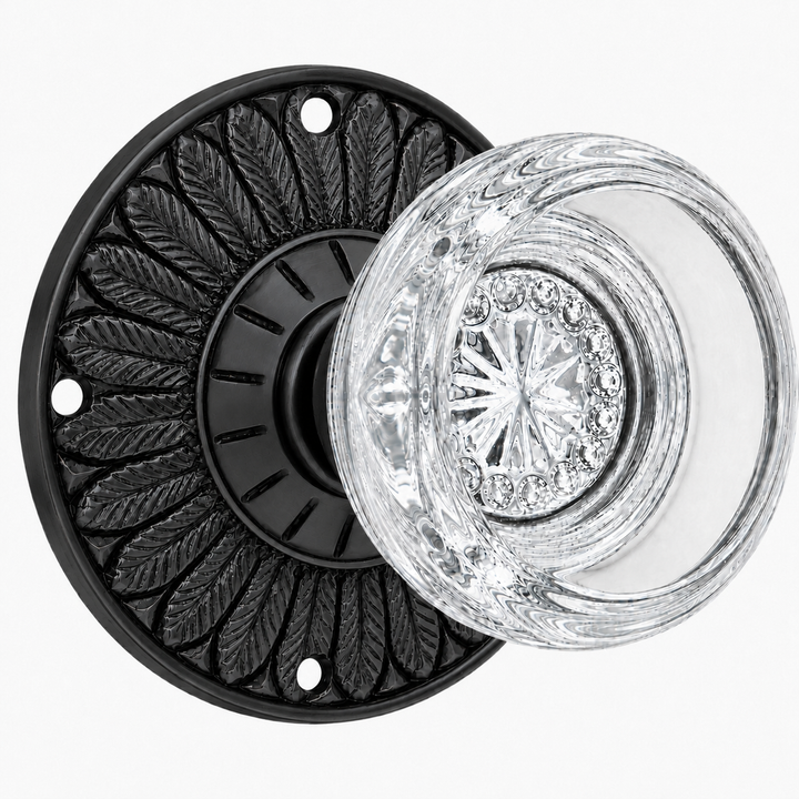 Feather Rosette Door Set with Round Crystal Door Knobs (Several Finishes Available)