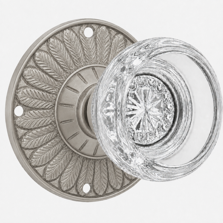Feather Rosette Door Set with Round Crystal Door Knobs (Several Finishes Available)