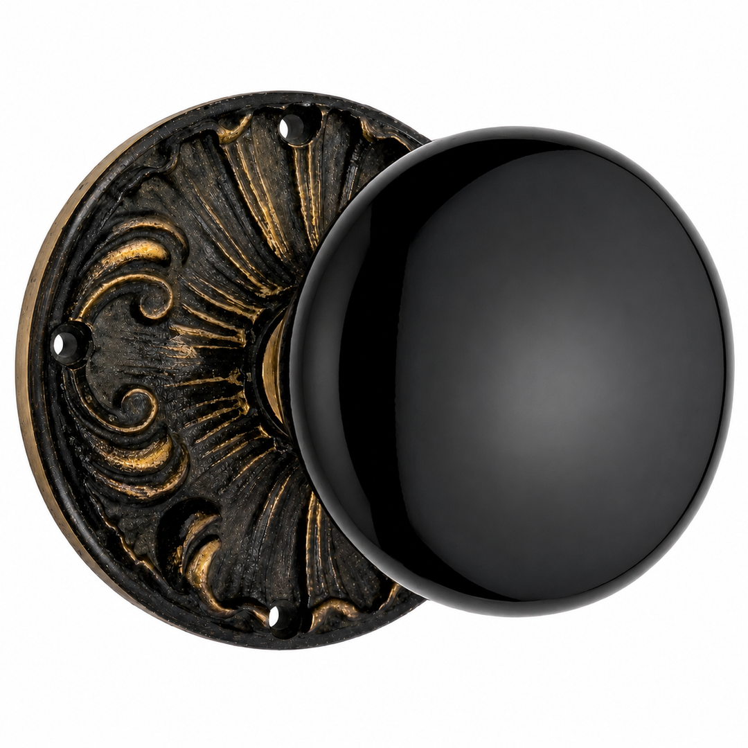 Black Porcelain Door Knob Set with Romanesque Rosette (Several Finishes Available)