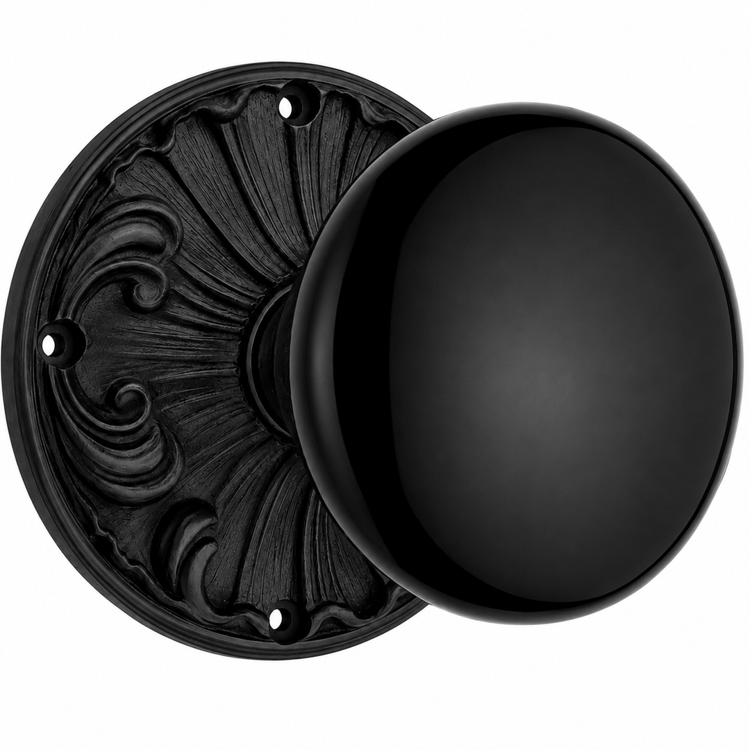 Black Porcelain Door Knob Set with Romanesque Rosette (Several Finishes Available)