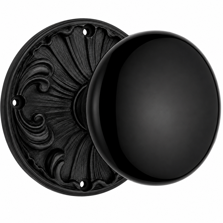 Black Porcelain Door Knob Set with Romanesque Rosette (Several Finishes Available)