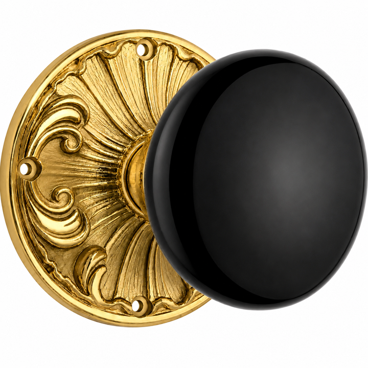 Black Porcelain Door Knob Set with Romanesque Rosette (Several Finishes Available)
