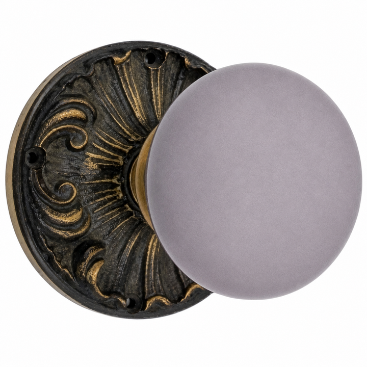 Grey Porcelain Door Knob Set with Romanesque Rosette (Several Finishes Available)