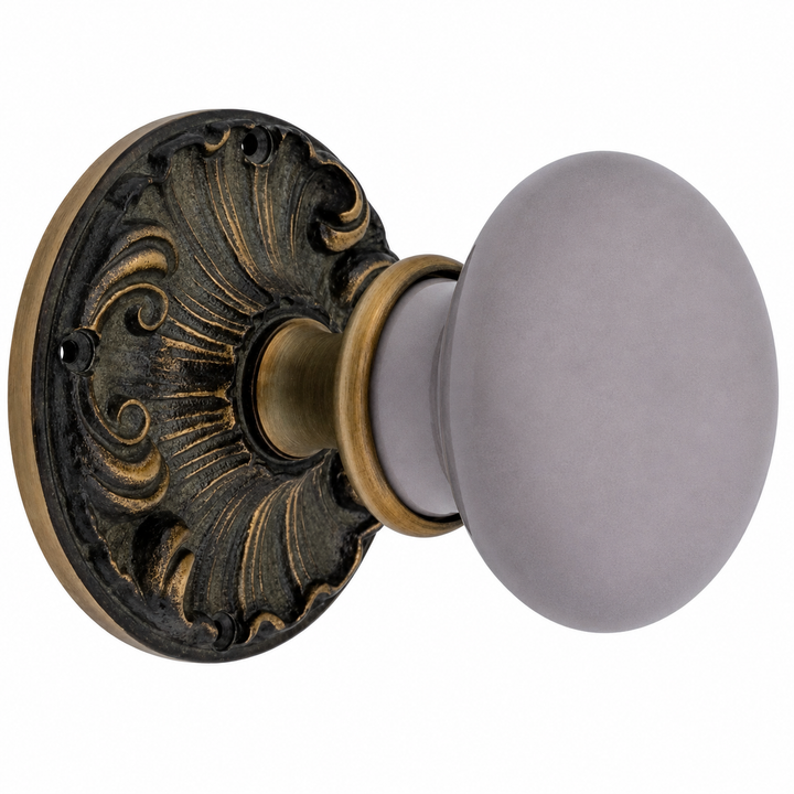 Grey Porcelain Door Knob Set with Romanesque Rosette (Several Finishes Available)
