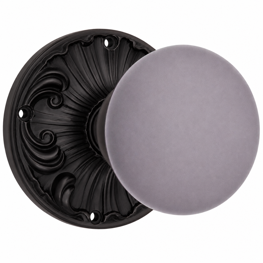 Grey Porcelain Door Knob Set with Romanesque Rosette (Several Finishes Available)