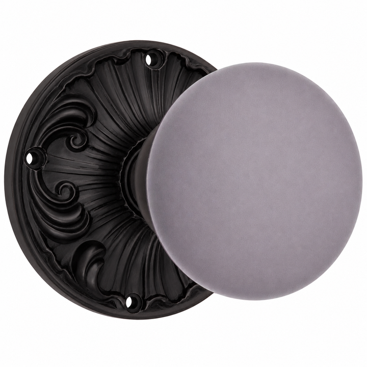 Grey Porcelain Door Knob Set with Romanesque Rosette (Several Finishes Available)