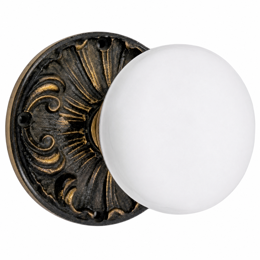 Romanesque Rosette Door Sets with White Porcelain Door Knobs (Several Finishes Available)