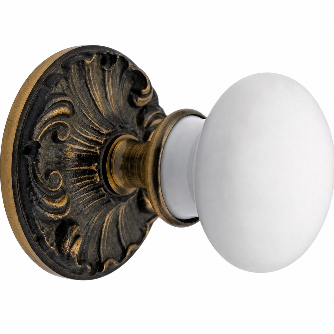 Romanesque Rosette Door Sets with White Porcelain Door Knobs (Several Finishes Available)