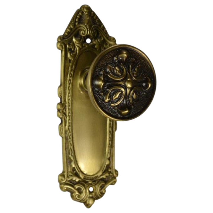 Ornate Victorian Long Backplate Door Set with Romanesque Door Knobs (Several Finishes Available)