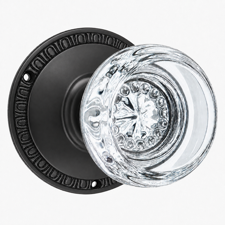 Egg & Dart Rosette Door Set with Round Crystal Door Knobs (Several Finishes Available)