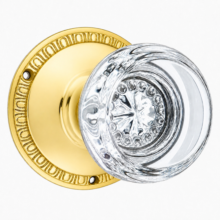 Egg & Dart Rosette Door Set with Round Crystal Door Knobs (Several Finishes Available)