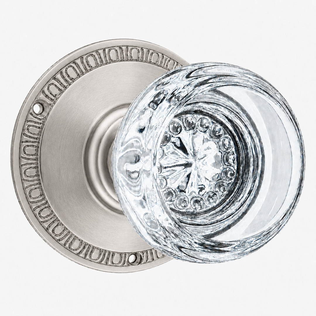 Egg & Dart Rosette Door Set with Round Crystal Door Knobs (Several Finishes Available)