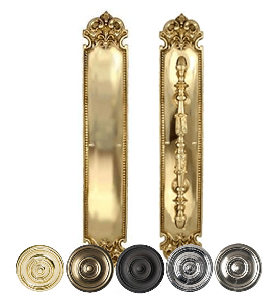 ##Antique Hardware## 18 Inch (14 7/8 Inch C-C) Solid Brass Traditional Fleur-De-Lis Door Pull & Push Plate Set