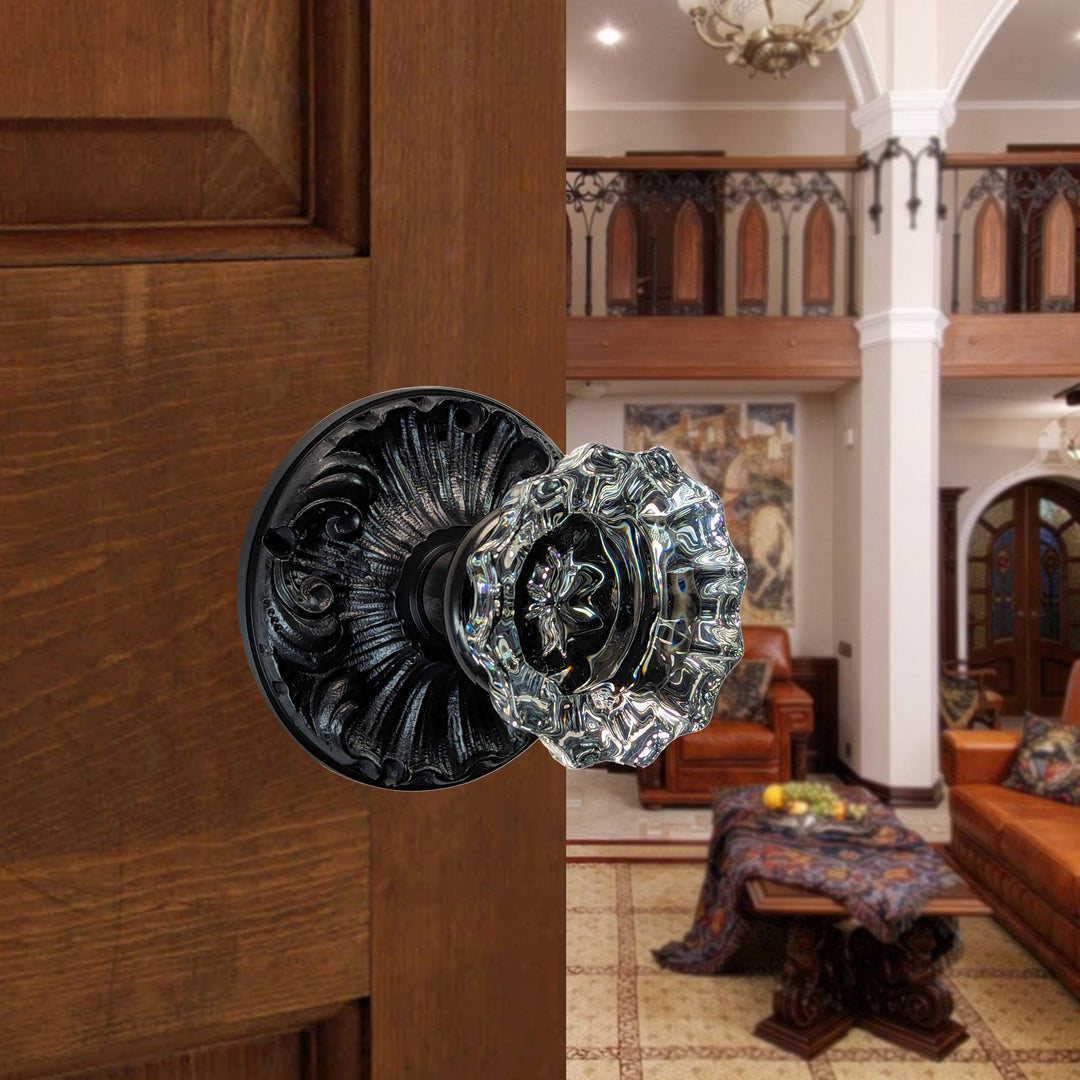 ##Antique Hardware## Romanesque Rosette Door Set with Fluted Crystal Door Knobs (Several Finishes Available)