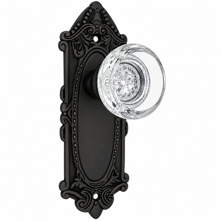 Ornate Victorian Long Backplate Door Set with Crystal Round Door Knobs (Several Finishes Available)