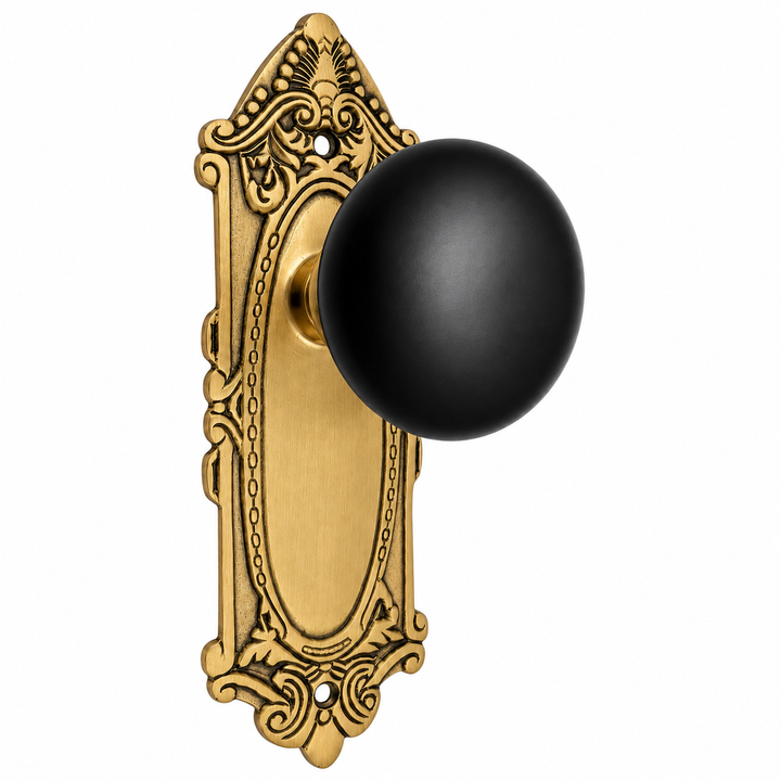 Black Porcelain Door Knob Set with Largo Design Backplate (Several Finishes Available)