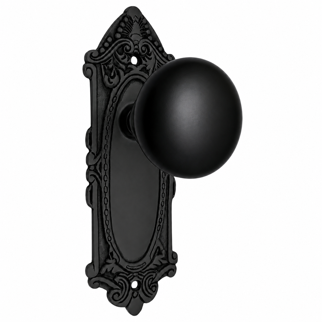 Black Porcelain Door Knob Set with Largo Design Backplate (Several Finishes Available)
