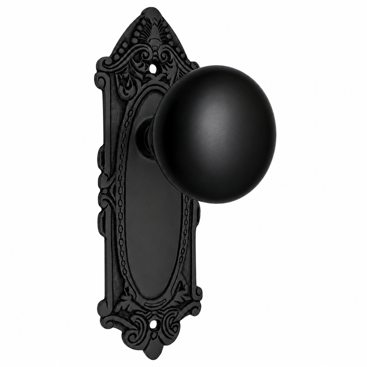 Black Porcelain Door Knob Set with Largo Design Backplate (Several Finishes Available)