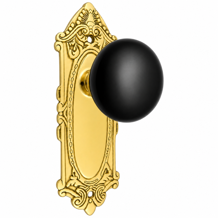 Black Porcelain Door Knob Set with Largo Design Backplate (Several Finishes Available)