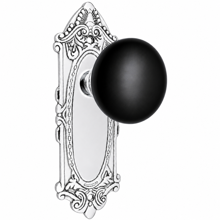 Black Porcelain Door Knob Set with Largo Design Backplate (Several Finishes Available)