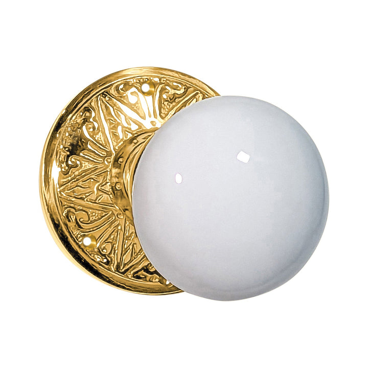 Eastlake Rosette Door Set with White Porcelain Door Knobs (Several Finishes Available)