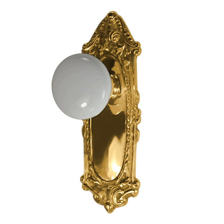 Ornate Victorian Long Backplate Door Set with White Porcelain Door Knobs (Several Finishes Available)