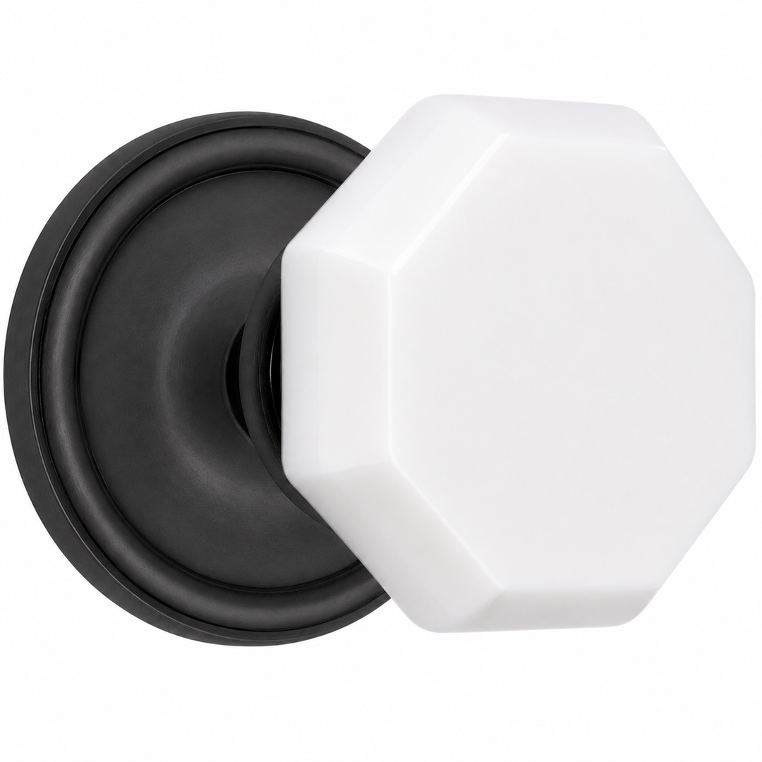 Traditional Rosette Door Set with Octagon Milk Glass Door Knobs (Several Finishes Available)