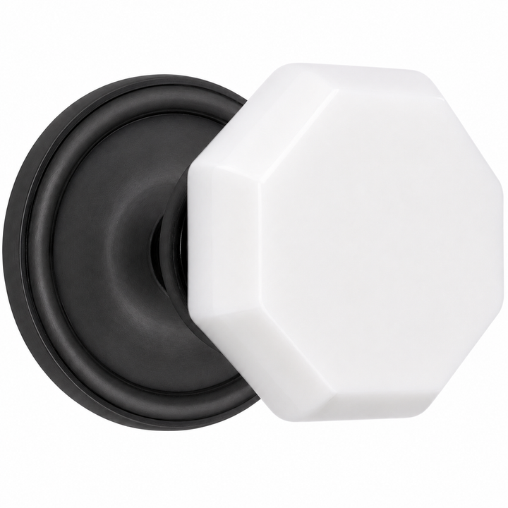 Traditional Rosette Door Set with Octagon Milk Glass Door Knobs (Several Finishes Available)