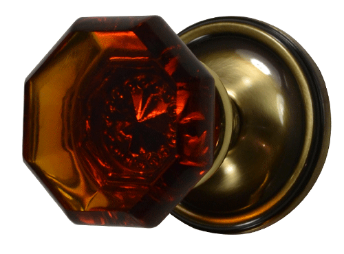 ##Antique Hardware## Traditional Rosette Door Set with Amber Octagon Glass Door Knobs (Several Finishes Available)