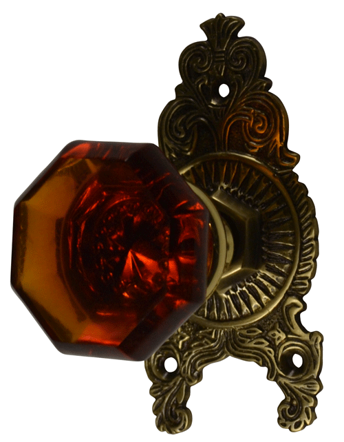 ##Antique Hardware## Ornate Victorian Rosette Door Set with Octagon Amber Glass Door Knobs (Several Finishes Available)