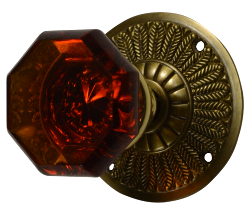 ##Antique Hardware## Feather Rosette Door Set with Amber Octagon Glass Door Knobs (Several Finishes Available)