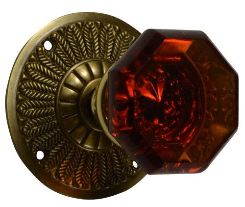 Feather Rosette Door Set with Amber Octagon Glass Door Knobs (Several Finishes Available)